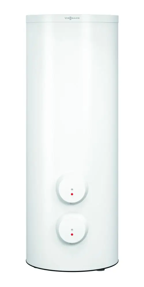 Weißer Heizwasserspeicher von Viessmann mit runder Form und zwei Steuerungsknöpfen unten.